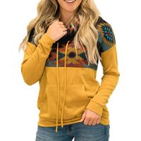 여성용 후드 스웨터 Turtleneck Hoodie 빈티지 민족 인쇄 포켓 스웨터 Drawstring 풀오버 긴 소매 패치 워크 겉옷