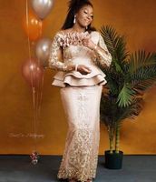 2022 Seksi ASO EBI Arapça Şampanya Kılıf Abiye Giyim Illusion Dantel Aplikler Çiçekler Peplum Anne Uzun Örgün Balo Elbise Parti Abiye Uzun Kollu