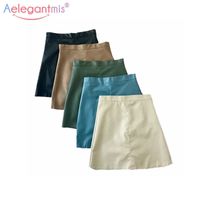 AELEGANTMIS 5 Color Faux Leather Saias Mulheres A-Linha Moda Streetwear Mini Saia Casual Elegante Para Escola Preto Verde Azul 210607