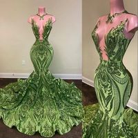 Zeytin Yeşil Mermaid Gelinlik Modelleri Sequins Jewel Boyun Illusion Uzun Afrika Siyah Kız Mezuniyet Elbise Artı Boyutu Resmi Payetli Abiye giyim
