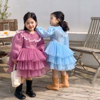 Bahar Çocuklar Katmanlı Dantel Tül Kek Elbiseleri Kızlar Dantel Falbala Yaka Flare Kol Prenses Elbise 2022 Çocuk Doğum Günü Partisi Giyim Q3927