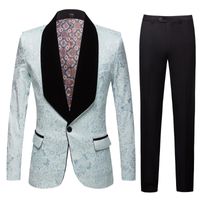 Men&#039;s Suits & Blazers Gold Plated Black Collar Suit Set Wedding White Floral Pattern Slim Fit Party Prom Dress Tuxedo Singers Costume
