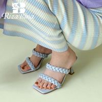 샌들 여성을위한 샌들 Rizabina 정품 가죽 광장 발가락 하이힐 슬링 백 슬리퍼 클럽 솔리드 컬러 Sweety 신발 크기 34-40