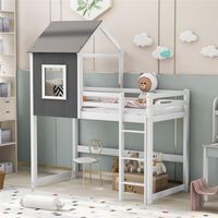 US Stock Twin over Twin Low Bunk Bed, House Beds with Roof, Gray and White a57 a56