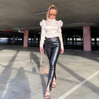 Deri Giyim Sıkı Uzun Pantolon Kadınlar Kış 2021 Moda Sıska Bodycon PU Yan Bölünmüş Yüksekliği Bel Kadın Pantolon Capris