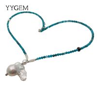 YYGEM Natural Blue Apatite Faceted Round Choker Halsband Kulturerad Vit Keshi Pearl Pendant för kvinnor