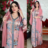 Roupas étnicas Moda muçulmana Rosto Rhinestone Oriente Médio Impresso Vestido Abayas para Mulheres Abaya Dubai 2021 Turquia Islâmica Kuftan