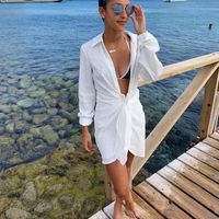 Weiß Kendall Mini Sexy Kleid Für Frauen Unregelmäßige Boho Strand Baumwolle Tiefe V-Ausschnitt Geraffte Sommer 2021 Casual Kleider