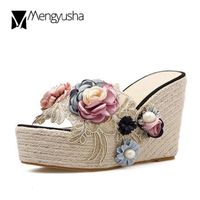 Exquisite Floral Transparent Slides Embroider Platform Sandals Summer Wedges Shoes Woman Flipflops Flower Pearl Sandalias Mujer