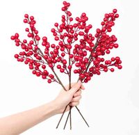 3 PACK Artificial Red Stem Holly Berry Branches for Holiday Xmas Year Home Table Christmas Tree Decor Crafts
