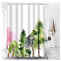 Duche cortinas cor-de-rosa e verde cortina, árvore verde aquarela para conjuntos de decoração do banheiro, cortina floral waterpr