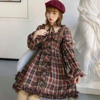 Robes décontractées Kawaii rétro japonaise fille mignon étudiant robe lolita 2021 automne plaid coffret carré col carré de lacet op