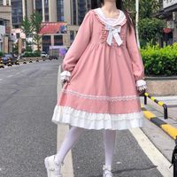 Casual Dresses One-Piece 2021 Spring Autumn Lolita Style Women Dress Sailor Collar Loose Petal Sleeve French Sweet Bowknot