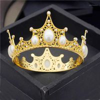 Baroque Round Crown Rhinestone Pearls Metal Tiaras Birthday Cake Ornaments Bridal Wedding Hair Jewelry Fashion Diadem Headdress Clips & Barr