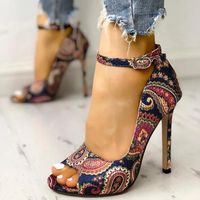 Women High Heels Sandals Sexy Open Toe Fish Mouth Stiletto Ethnic Print Ankle Strap Party Plus Size Female