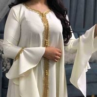 Vestido de kaftan de siskakia jalabiya para mujeres Dubai Turquía Golden Ribbon Bordado musulmán árabe islámica Blanco 210402