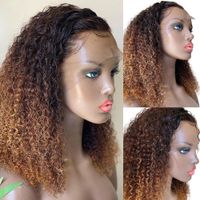 Ombre Blonde Afro Kinky Curly Shor Bob Full Lace Human Hair Wig Remy Preplucked Indian 360 13x6 Transparent Lace Front Headband