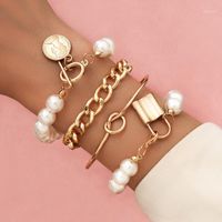 Link, Chain Punk Gothic Simulated Pearls Lock Bracelets Female Knot Bracelet Bangles For Women 2022 Fashion Gold Coin Jewelry Wholesale