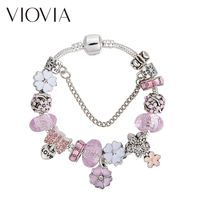 Charm Bracelets VIOVIA Pink Flower Love Heart Rank Charms & Bangle Bracelet With Clear Murano Glass Beads B17136