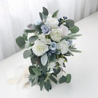 Kwiaty ślubne Niebieski Biały Wodospad Bukiet Bridal Druhna Sztuczny Fałszywy Kwiat Zielony Liść Mariage Party Festival Dekoracje