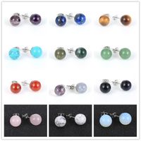 8mm 10mm Natural Stone Stud Stainless Steel White Green Turquoise Opal Pink Amethyst Crystal Stones Druzy Studs Earrings Jewelry for Women