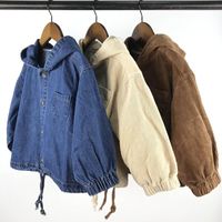 Куртки Корейский Япония стиль осень зима детей кардиган пальто сплошной джинсовой капюшон детские мальчики девочки ведурой куртка детская одежда