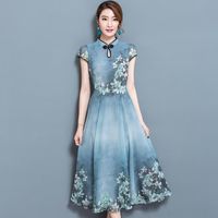 Odzież Etniczna Kobiety Elegancki Niebieski Kwiatowy Drukuj QIPAO Chiński styl Retro Cheongsam Lady Party Szyfonowa Dress Vintage Vestidos Oriental
