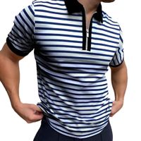 Сплошная полоса 3D по всему напечатанному молнию поло рубашки поло с повседневной повседневной улице спортивный гольф с коротким рукавом битник мужская одежда
