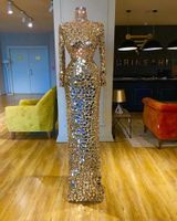 Dubai Muslim Shiny Gold Gold Vestidos de fiesta 2022 Cuello alto Talla grande Sirena Larga Vestidos de noche formales Robe de Soiree