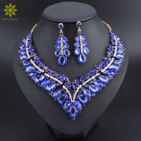 Fashion Indian Blue Rhinestone Wedding Jewelry Sets for Brides Bridal Necklace Earrings Set Party Costume Decoration for Women H1022