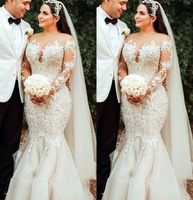 2021 плюс размер арабский арабский ASO EBI кружева русал из бисера русалка свадебные платья прозрачные шеи с длинными рукавами старинные сексуальные свадебные платья ZJ204