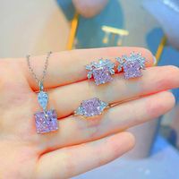 Brincos colar de alta qualidade esterlina prata jóias conjuntos romântico quadrado rosa diamante pingentes anéis presente para as mulheres
