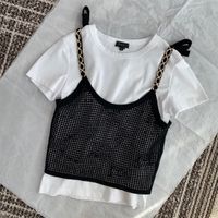 2022 New Women Senhora de Verão Tops O-pescoço T-shirt de manga curta com cavidade de tricotadas cor de contraste de duas peças