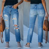 LAGENTOLO Yırtık Kot Kadın Sonbahar Fashon Düz Yıkanmış Orta Bel Mavi Pamuk Ayak Bileği Uzunlukta Pantolon Kadınlar