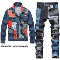 2022 Trajes de chándales Conjuntos de hombres delgados Spring Otoño Aplique Color Denim Jacket + Stitching Jeans 2 pieza Set Moda Casual Ropa masculina