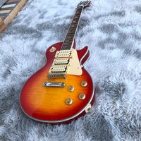 En stock Tienda personalizada Ace Frehley Budokan Signature Cherry Sunburst Flame Maple Top Guitarra eléctrica Three Pickups, rayening Bolt Inlay con PickGuard
