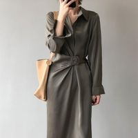 Повседневные платья 2021 Весна шикарный корейский атласный оливковый зеленый платье женское дизайн ощущать черное темперамент длинная женская одежда с поясом 3360