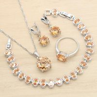 Earrings & Necklace Round Champagne Cubic Zircon Silver Color Jewelry Sets For Women Pendant Bracelet Ring Wedding Christmas Gift
