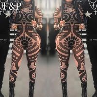 무대 착용 불타는 남자 축제 bodysuit 여성 부족 기하학 문신 인쇄 메쉬 Jumpsuit curvy 아프리카 아즈텍 연예인 catsuit