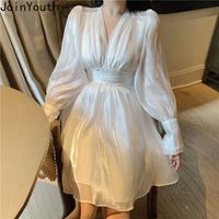Joinyouth White Dresses for Women Summer Full-Sleeve Ropa Mujer V-Neck Slim Princess Sleeves Vestidos Koreansk A-Line Dress 210423