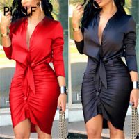 Casual Dresses Schwarz Rot V-Ausschnitt Mantel Minikleid Full Sleeve Party Club Bodycon Weibliche Vestidos Femme