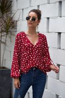 DONSIGNET Kadın T-Shirt Bahar / Sonbahar Rahat Moda Uzun Kollu Polka Dot V Yaka Puf Bağcık T-Shirt Giyim Kadın Kadınlar