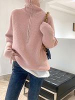 Женские свитера LMQ 2021 женские шикарные Zip Turtleneck свободно теплый осень зима мода все-матч сплошной цвет простые вязаные пуловеры