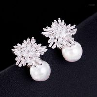 Stud HUAMI 2022 Fine Jewelry Shell Pearl Earrings For Women Flower Zircon Wholesale Wedding Party