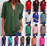 2021 Bahar ve Yaz V Yaka Gömlek Fermuar Artı Boyutu kadın Uzun Kollu Kollu Gevşek Şifon Gömlek