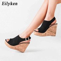 Eilyken 2021 New Fashion Peep Toe Platform Wedge Heels Womens Leopard Grain Sandals Ankle Buckle Strap Casual Slides Shoes Y0305