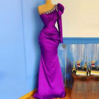 Vestidos de fiesta de la sirena con cuentas púrpuras con tren desmontable Un hombro de manga larga de un hombro más tamaño vestido de noche vestido de satén formal