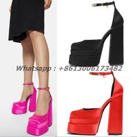 Dress Shoes Woman Square Toe Candy Platform Pompe Pompe Chunky High Head Double Satin Crystal Fibbia