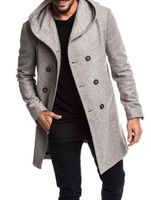 Мужская траншея пальто Длинные шерстяные пальто с двубортной осенью ветровка с капюшоном