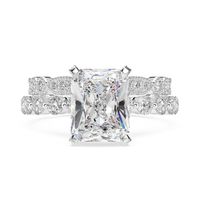 Affordable Emerald Cut White Sapphire Halo Engagement Ring Band Set Bridal Ring Sets White Gold or Silver